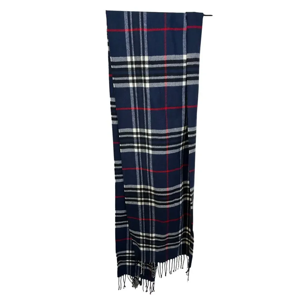 Italy Design Women's Plaid Winter 100% cashmere Fringe scarf Navy Gingham One Sz